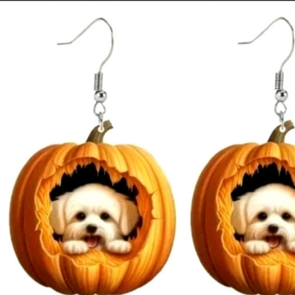 Maltipoo, poodle, bichon, Maltese Cutest Autumn Pumpkin Earrings peekaboo puppy